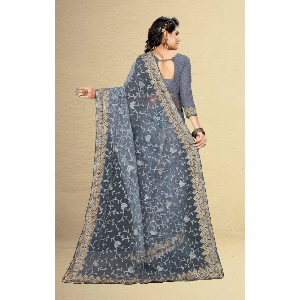 Women's Net Saree With Blouse (Grey, 5-6Mtrs)