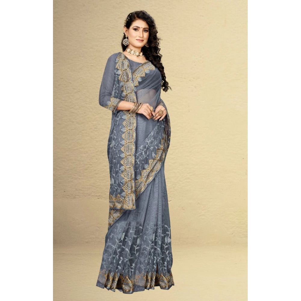 Women's Net Saree With Blouse (Grey, 5-6Mtrs)