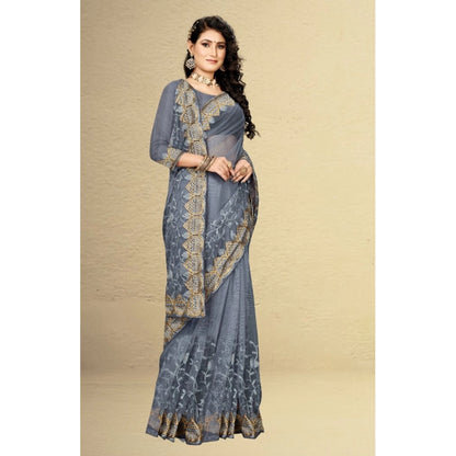 Women's Net Saree With Blouse (Grey, 5-6Mtrs)