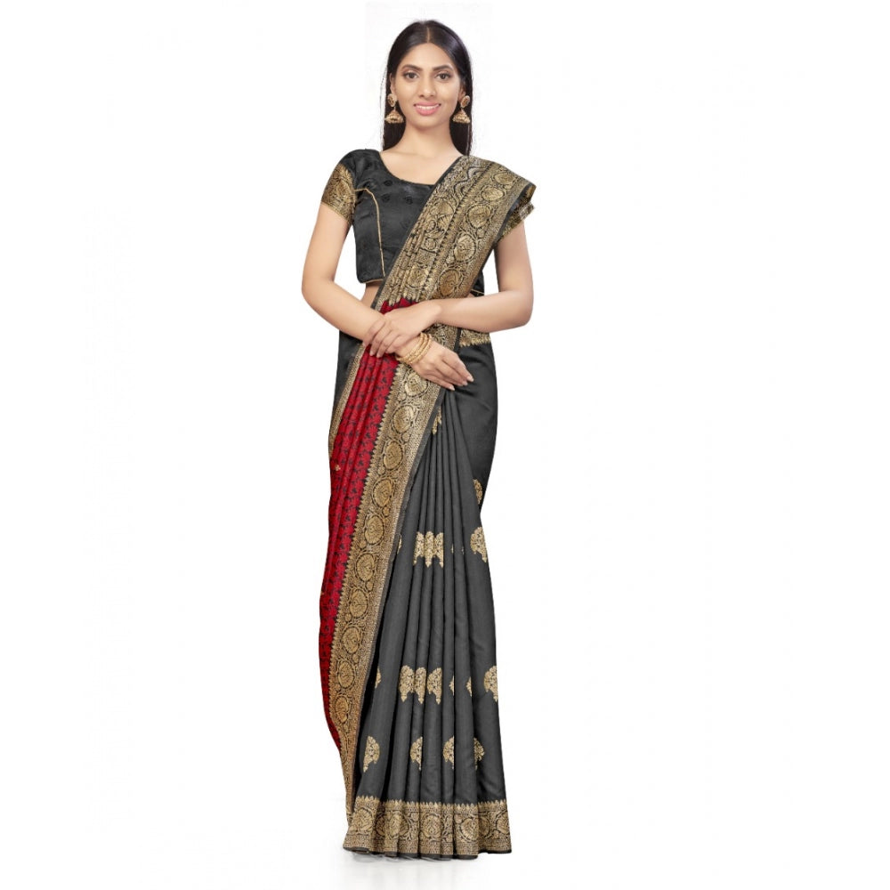 Women's Banarasi Silk Saree With Blouse (Black, Red, 5-6Mtrs)