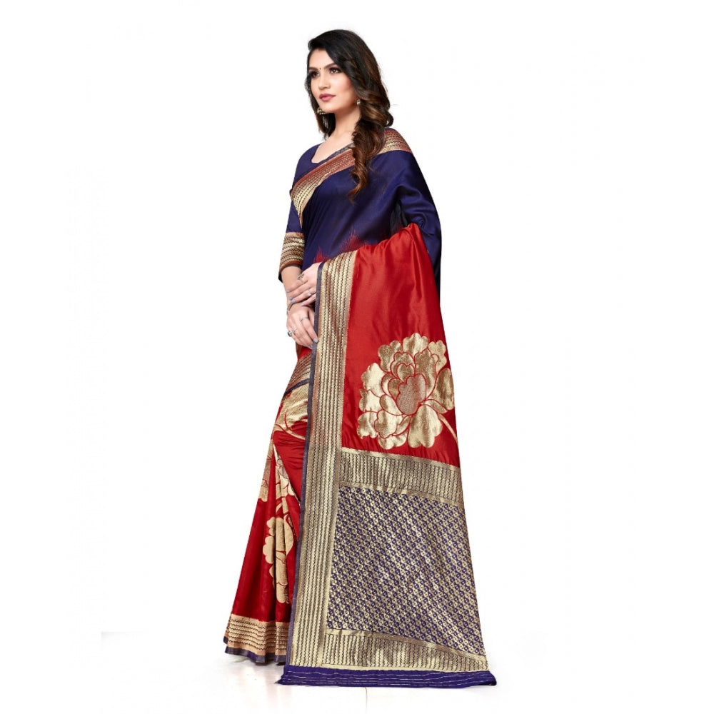 Women's Banarasi Silk Saree With Blouse (Navy Blue, Red, 5-6Mtrs)