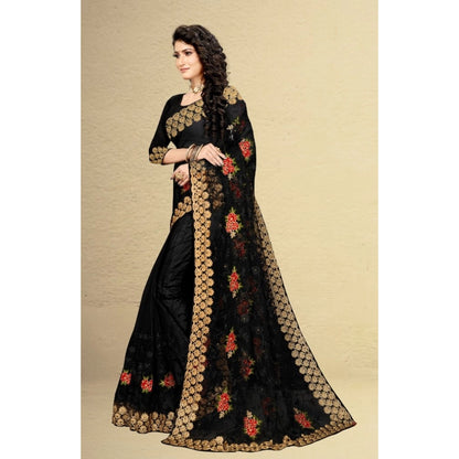 Women's Net Saree With Blouse (Black, 5-6Mtrs)