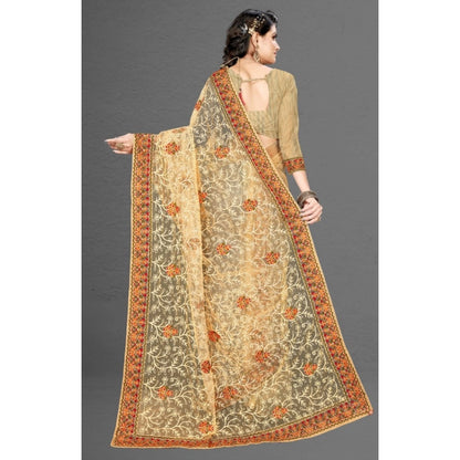 Women's Net Saree With Blouse (Chiku, 5-6Mtrs)