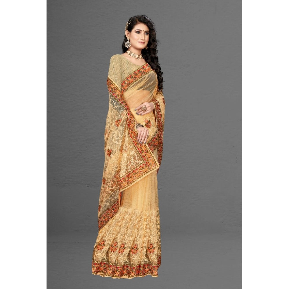 Women's Net Saree With Blouse (Chiku, 5-6Mtrs)