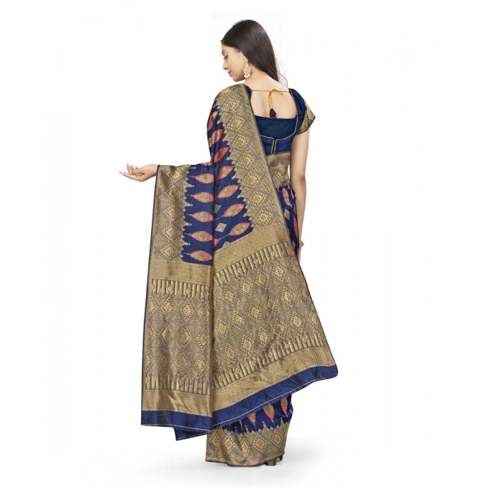 Women's Banarasi Silk Saree With Blouse (Navy Blue, 5-6Mtrs)