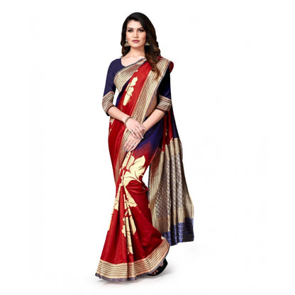 Women's Banarasi Silk Saree With Blouse (Navy Blue, Red, 5-6Mtrs)