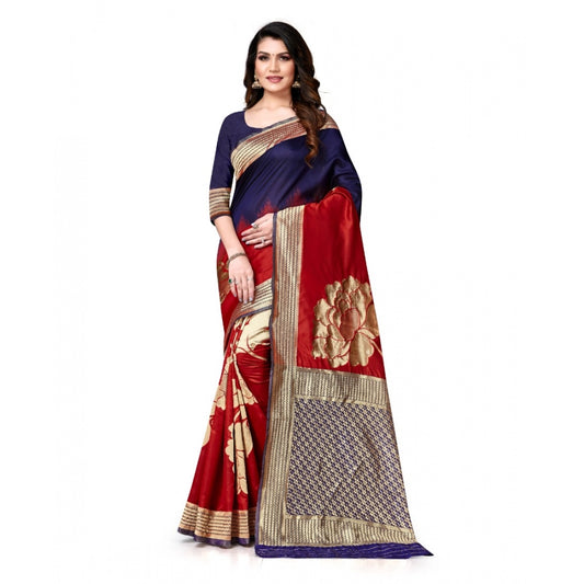 Women's Banarasi Silk Saree With Blouse (Navy Blue, Red, 5-6Mtrs)