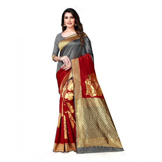 Women's Banarasi Silk Saree With Blouse (Grey, Red, 5-6Mtrs)