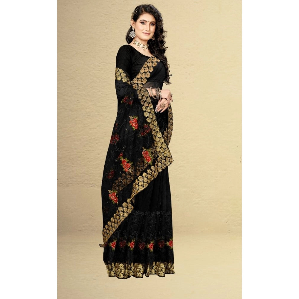 Women's Net Saree With Blouse (Black, 5-6Mtrs)