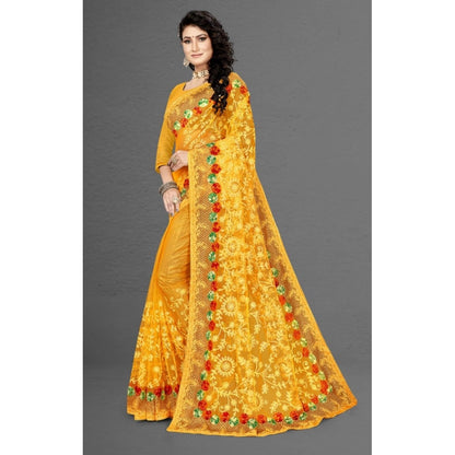 Women's Net Saree With Blouse (Yellow, 5-6Mtrs)