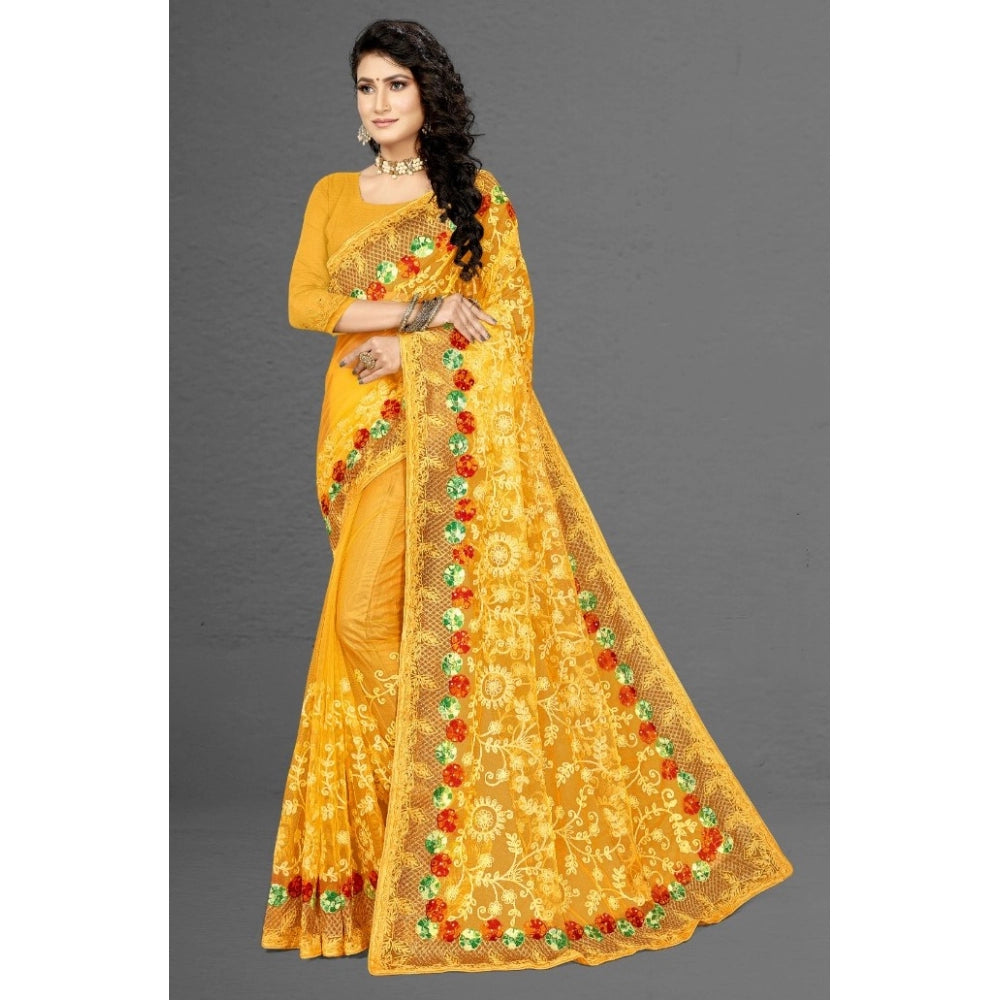 Women's Net Saree With Blouse (Yellow, 5-6Mtrs)