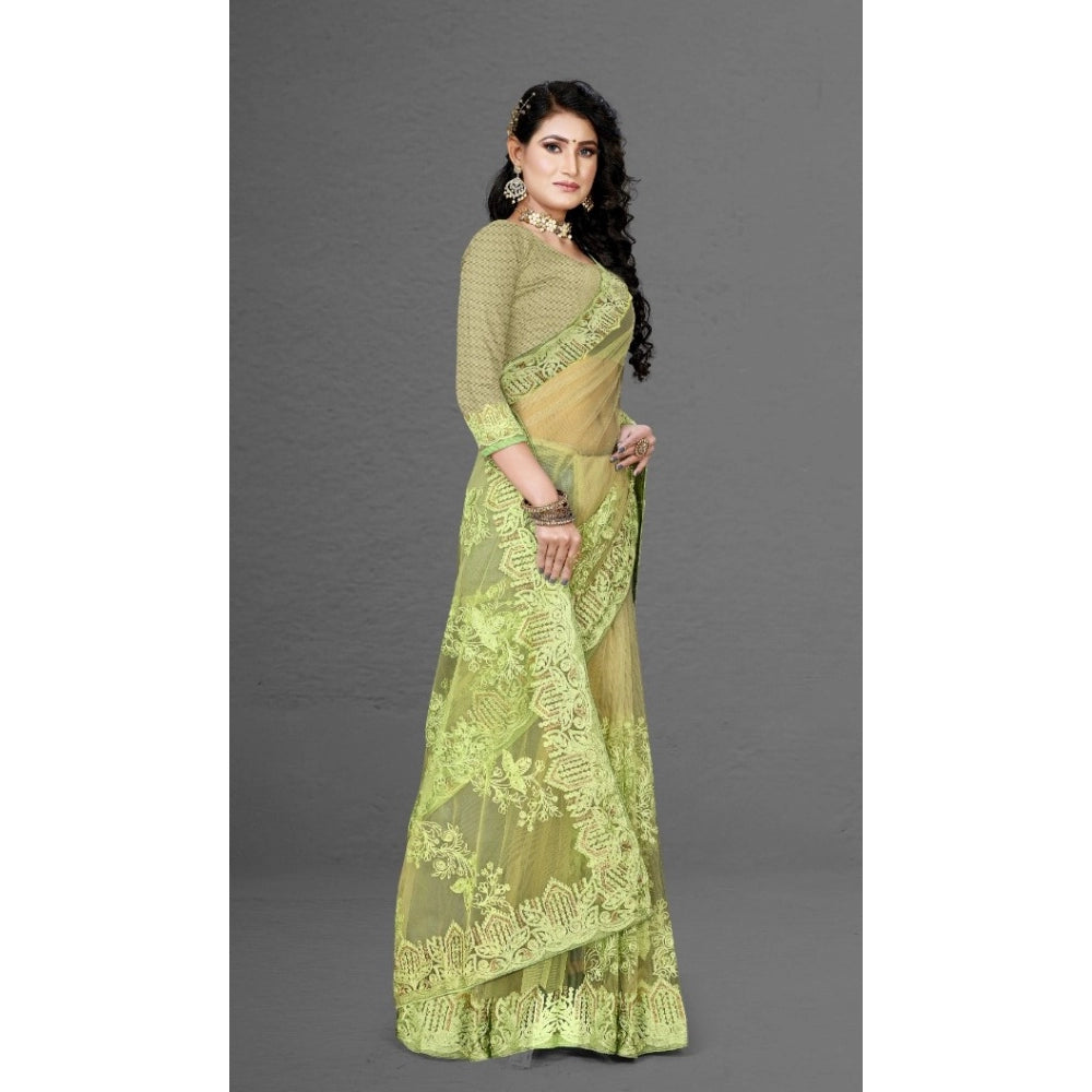 Women's Net Saree With Blouse (Pista Green, 5-6Mtrs)