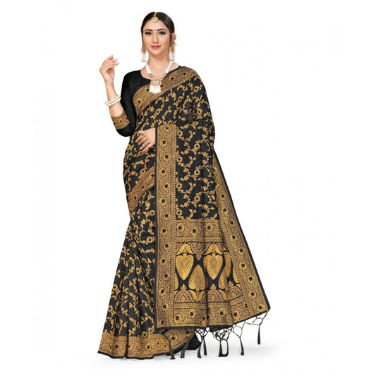 Women's Banarasi Silk Saree With Blouse (Black, 5-6Mtrs)