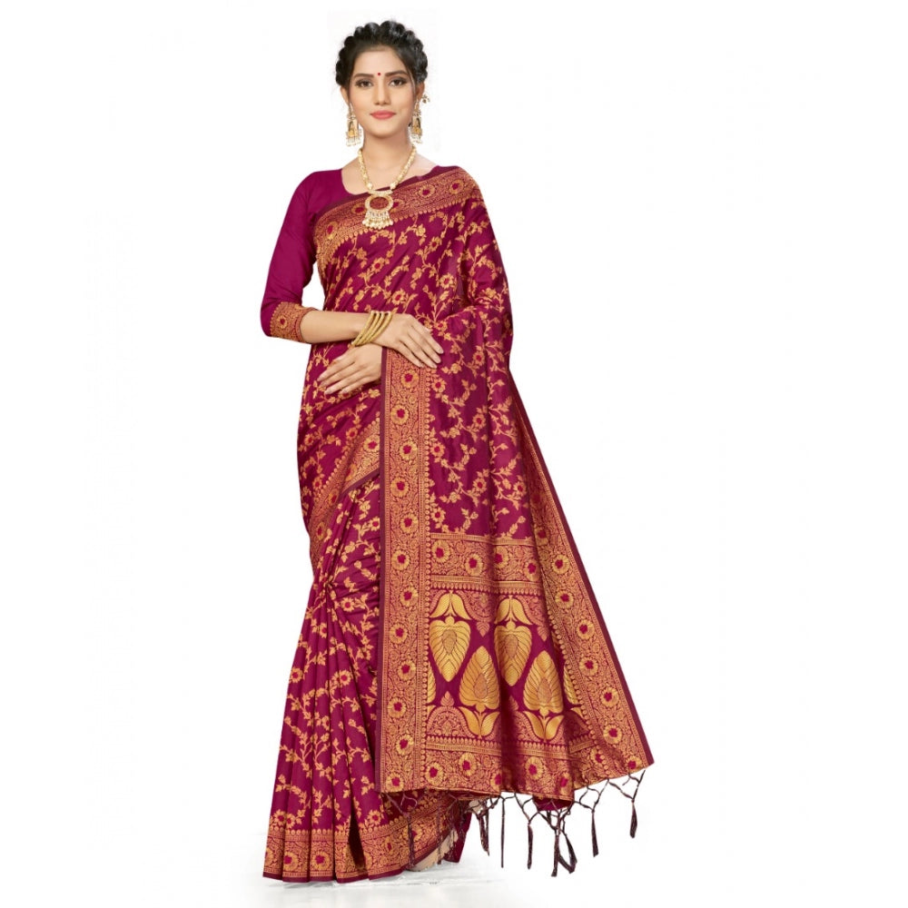 Women's Banarasi Silk Saree With Blouse (Wine, 5-6Mtrs)