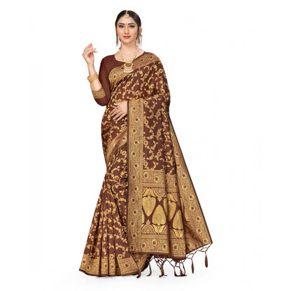 Women's Banarasi Silk Saree With Blouse (Coffee, 5-6Mtrs)