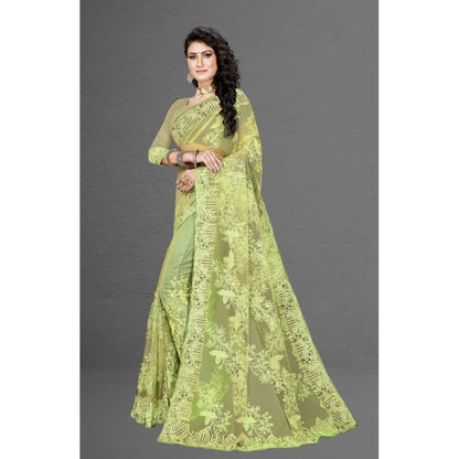 Women's Net Saree With Blouse (Pista Green, 5-6Mtrs)