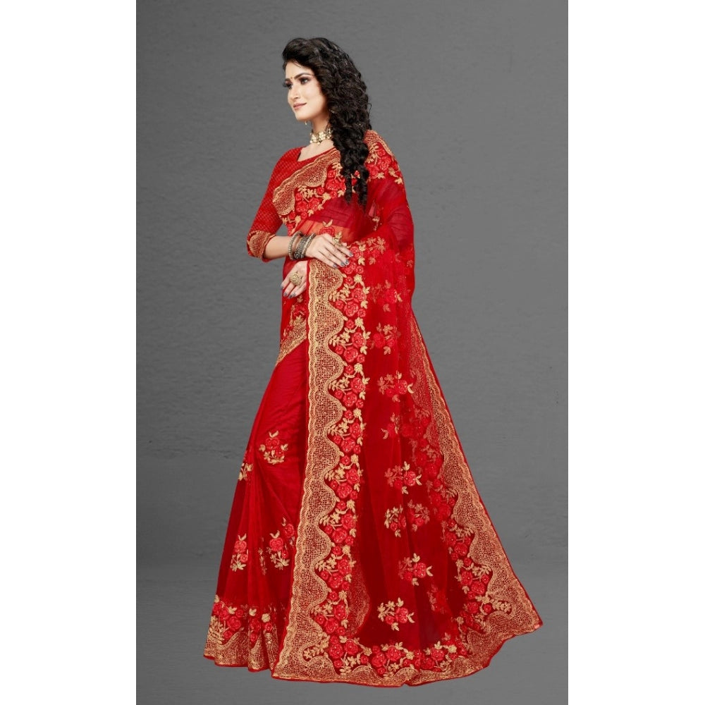 Women's Net Saree With Blouse (Red, 5-6Mtrs)