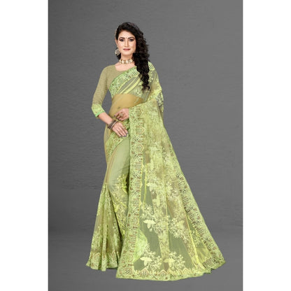 Women's Net Saree With Blouse (Pista Green, 5-6Mtrs)