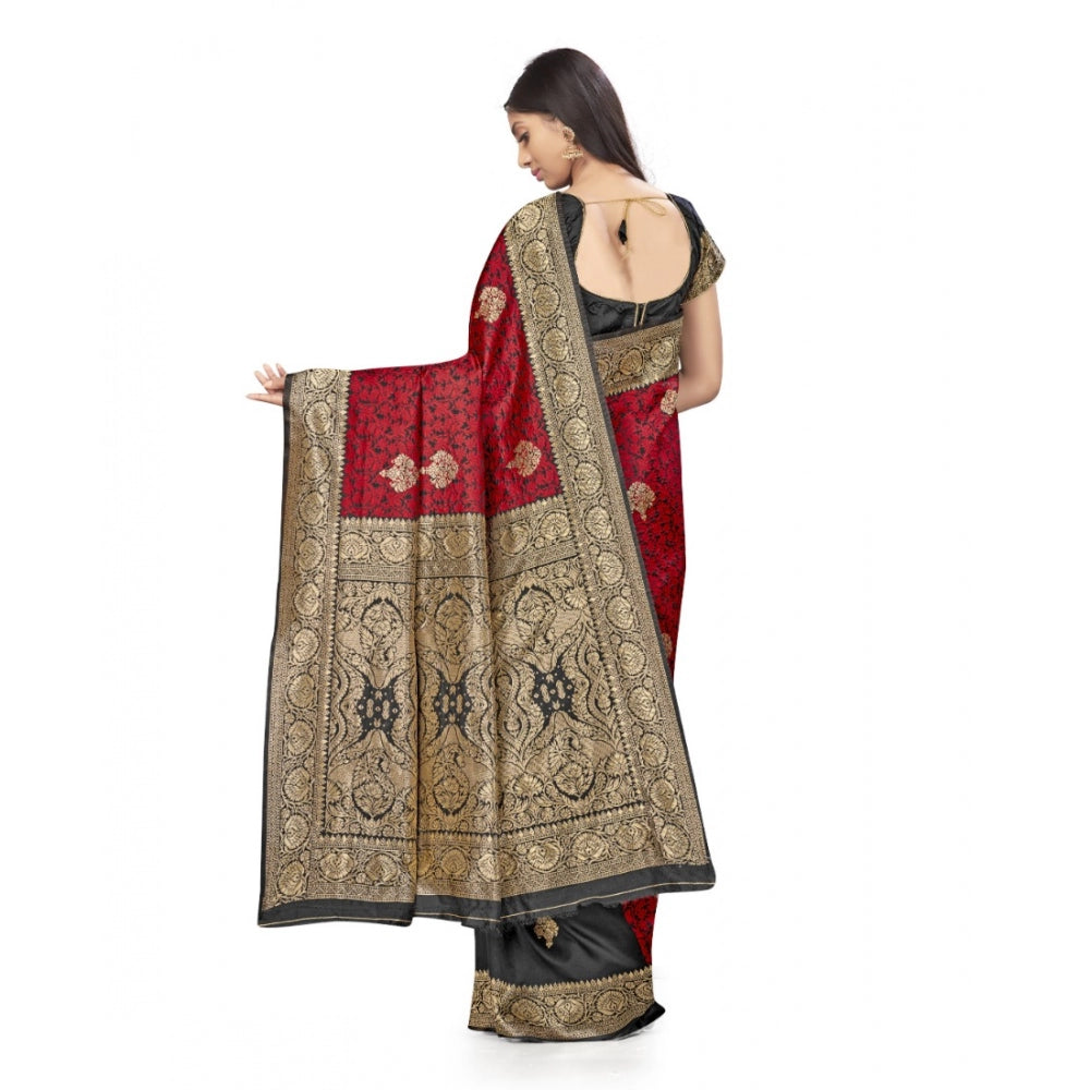 Women's Banarasi Silk Saree With Blouse (Black, Red, 5-6Mtrs)