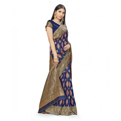 Women's Banarasi Silk Saree With Blouse (Navy Blue, 5-6Mtrs)