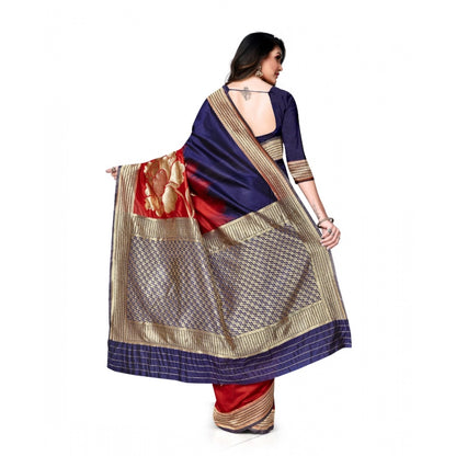 Women's Banarasi Silk Saree With Blouse (Navy Blue, Red, 5-6Mtrs)