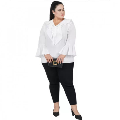 Women's Casual Bell Sleeve Solid White Top (Color:White, Material:Georgette)