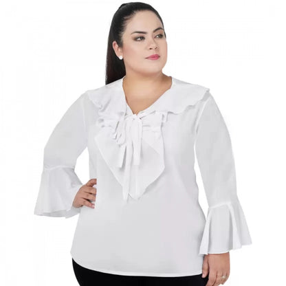 Women's Casual Bell Sleeve Solid White Top (Color:White, Material:Georgette)