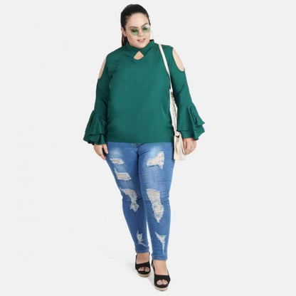 Women's Casual Bell Sleeve Solid Green Top (Color:Green, Material:Crepe)