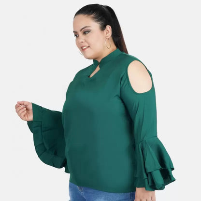 Women's Casual Bell Sleeve Solid Green Top (Color:Green, Material:Crepe)