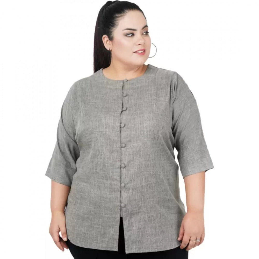 Women's Casual Solid Grey Top (Color:Grey, Material:Cotton Linen Blend)