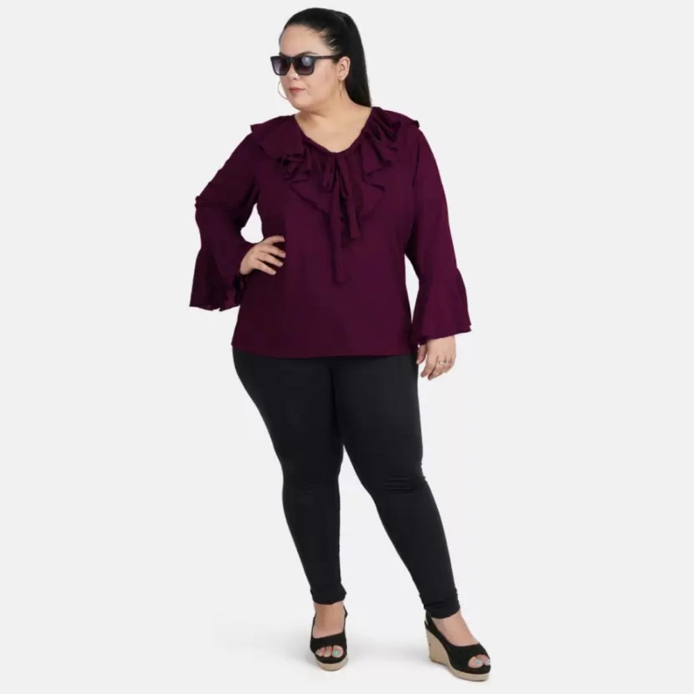 Women's Casual Bell Sleeve Solid Purple Top (Color:Purple, Material:Georgette)