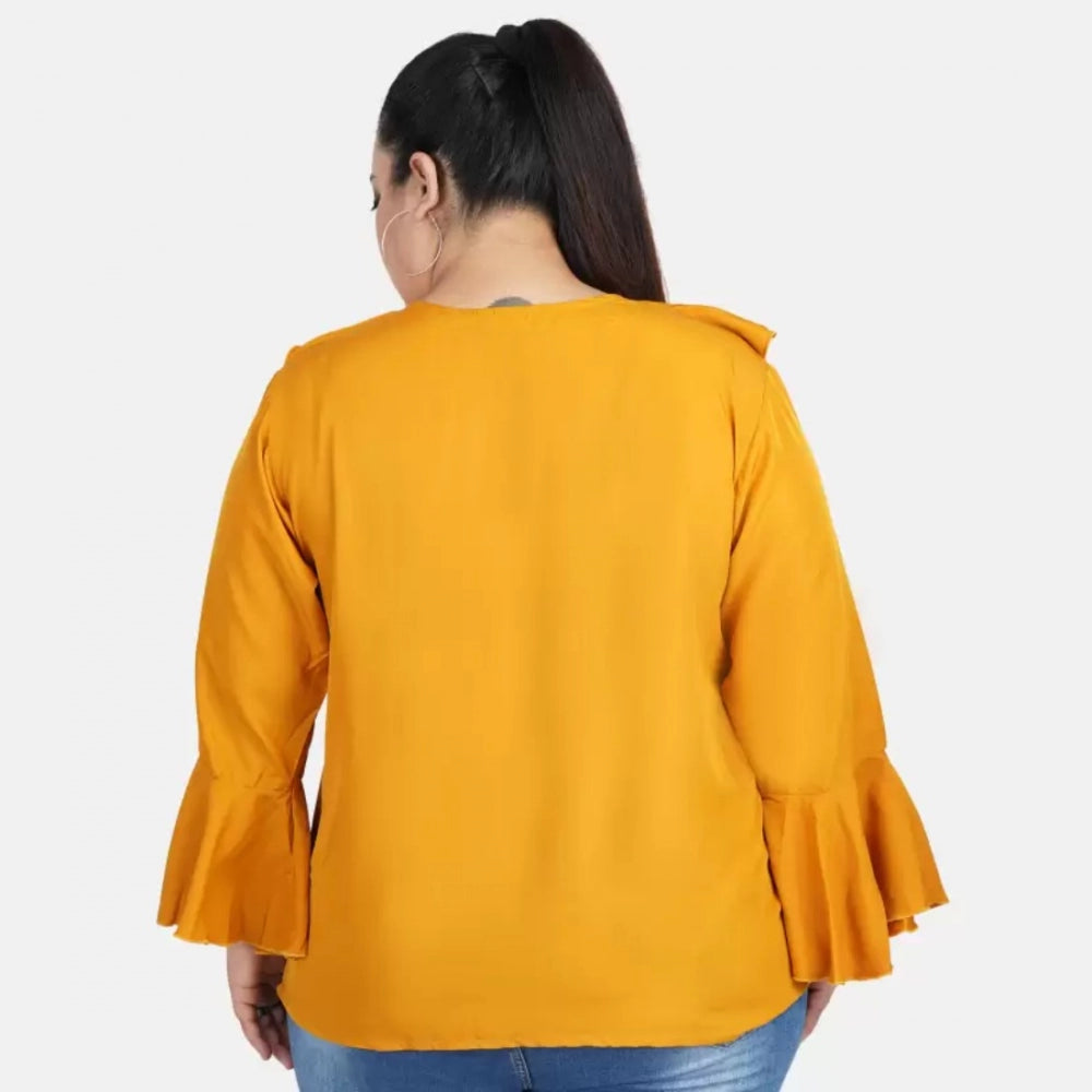 Women's Casual Bell Sleeve Solid Yellow Top (Color:Yellow, Material:Georgette)