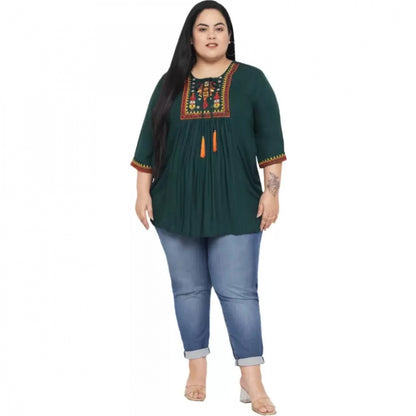 Women's Casual Embroidered Dark Green Top (Color:Dark Green, Material:Rayon)