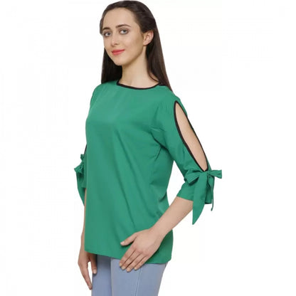 Women's Casual Slit Sleeve Solid Green Top (Color:Green, Material:Poly Crepe)