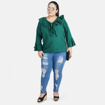 Women's Casual Bell Sleeve Solid Green Top (Color:Green, Material:Georgette)