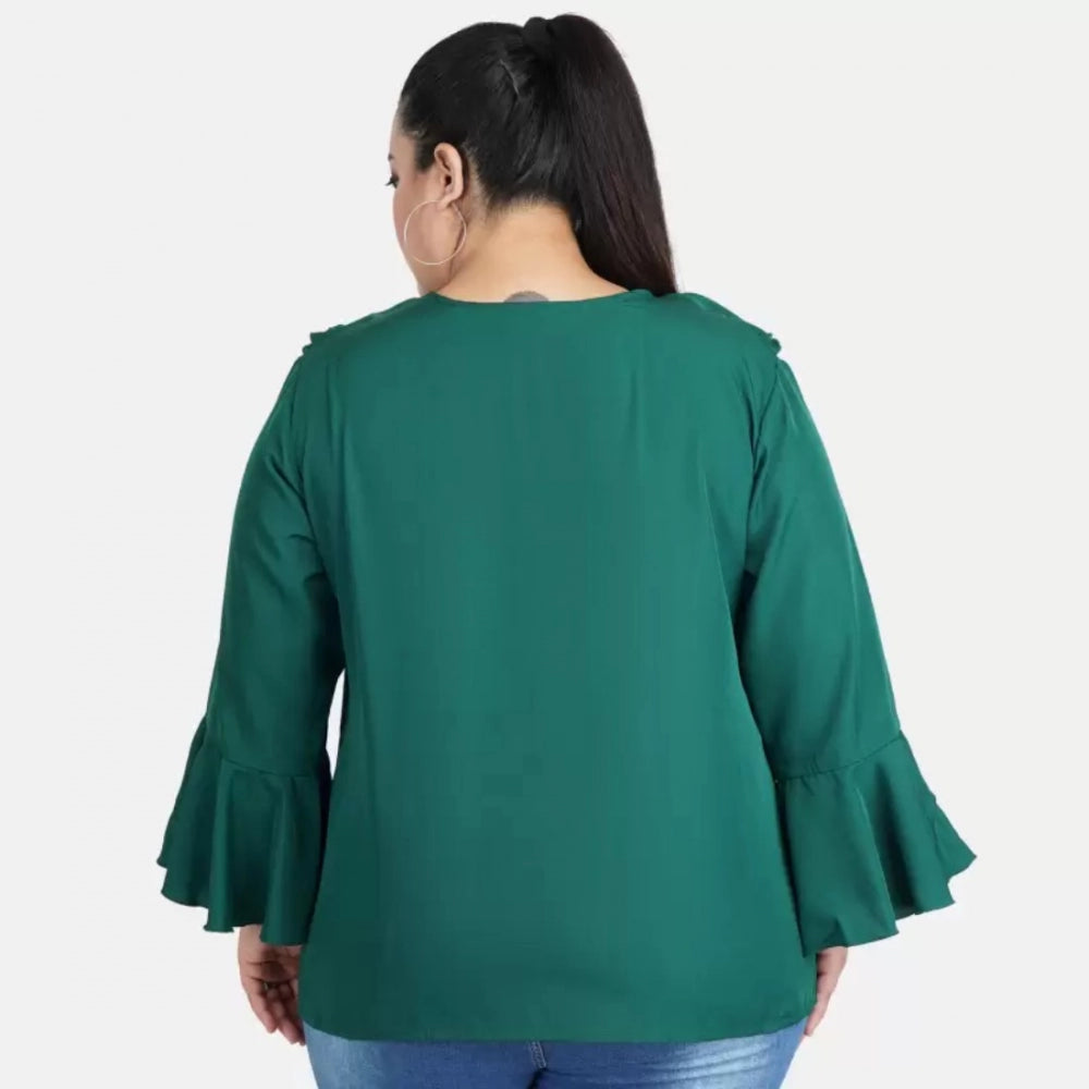 Women's Casual Bell Sleeve Solid Green Top (Color:Green, Material:Georgette)