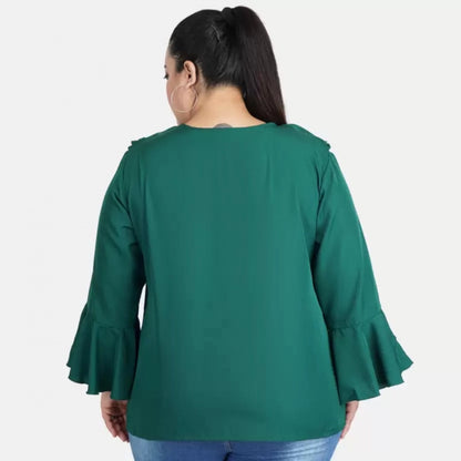 Women's Casual Bell Sleeve Solid Green Top (Color:Green, Material:Georgette)