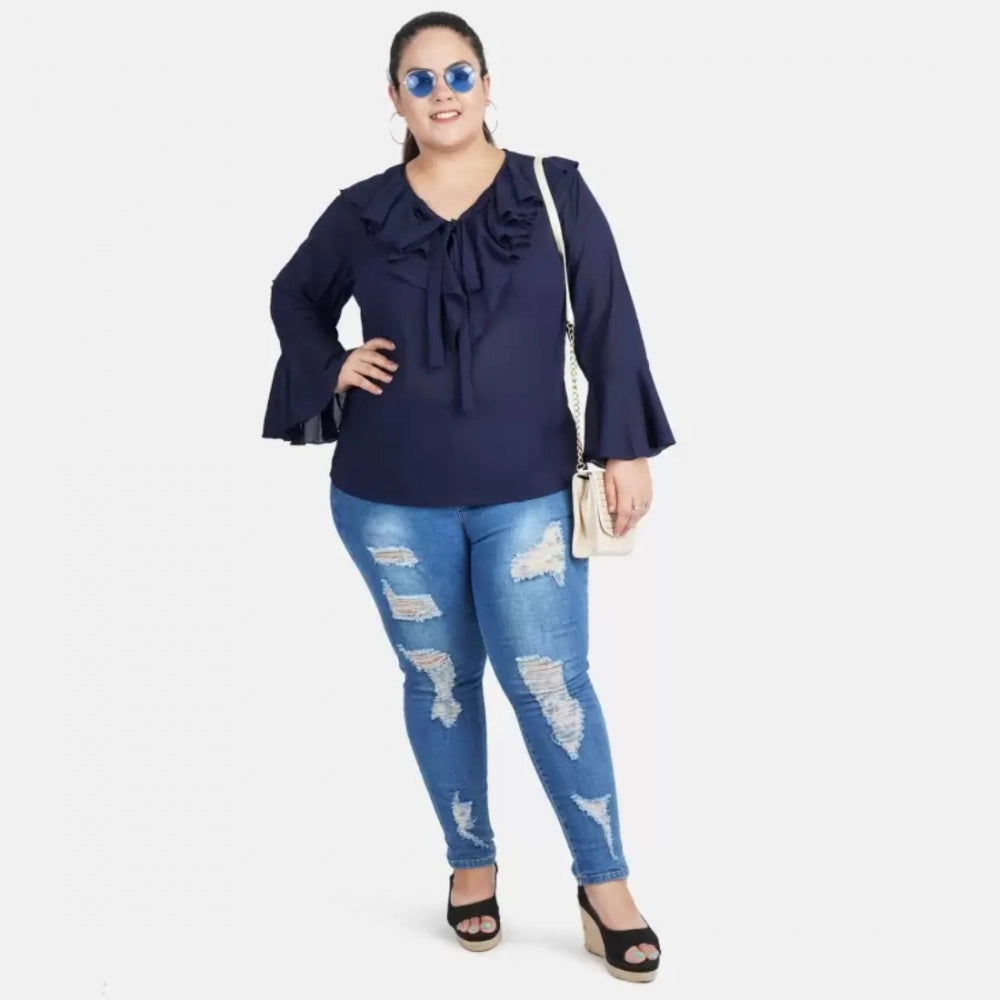 Women's Casual Bell Sleeve Solid Blue Top (Color:Blue, Material:Georgette)