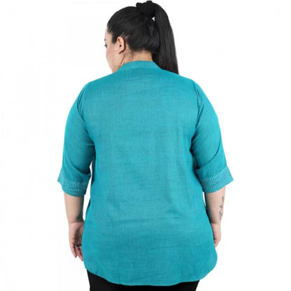 Women's Casual Three Fourth Sleeve Embroidered Light Green Top (Color:Light Blue, Material:Cotton Linen Blend)