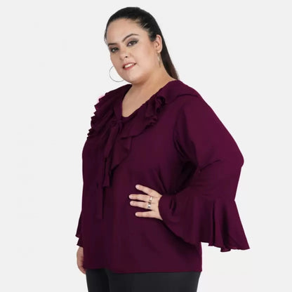 Women's Casual Bell Sleeve Solid Purple Top (Color:Purple, Material:Georgette)