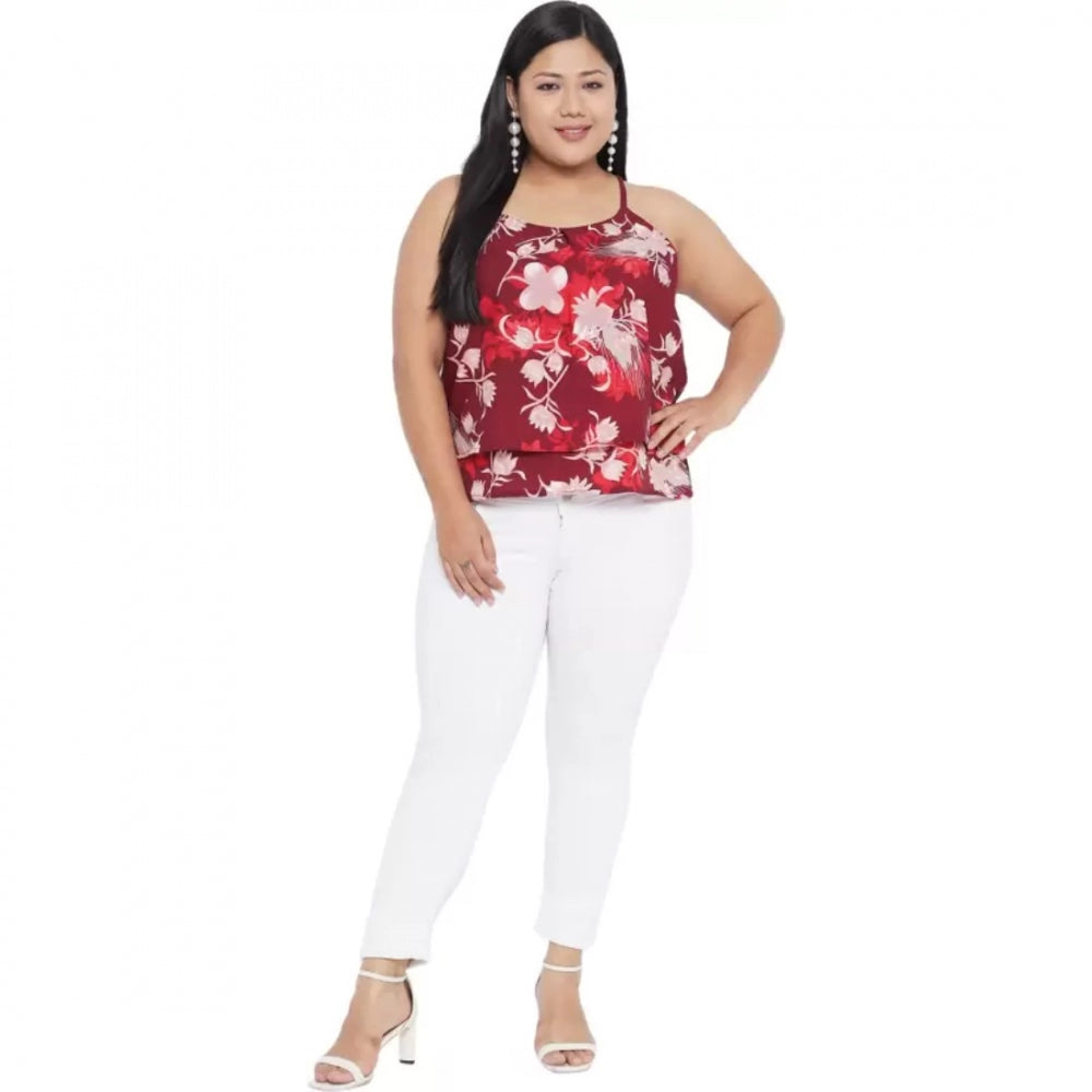 Women's Casual Floral Print Red Top (Color:Red, Material:Polyester)