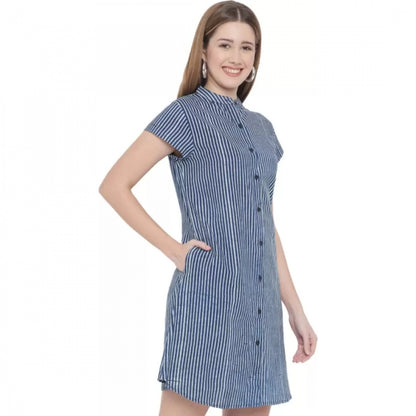 Women's Shirt Blue Dress (Color:Blue, Material:Pure Cotton)