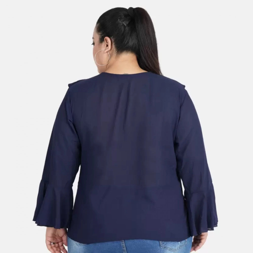 Women's Casual Bell Sleeve Solid Blue Top (Color:Blue, Material:Georgette)