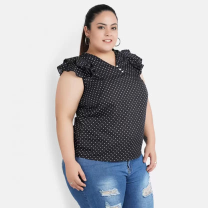 Women's Casual Flutter Sleeve Polka Print Black Top (Color:Black, Material:Crepe)