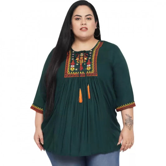 Women's Casual Embroidered Dark Green Top (Color:Dark Green, Material:Rayon)