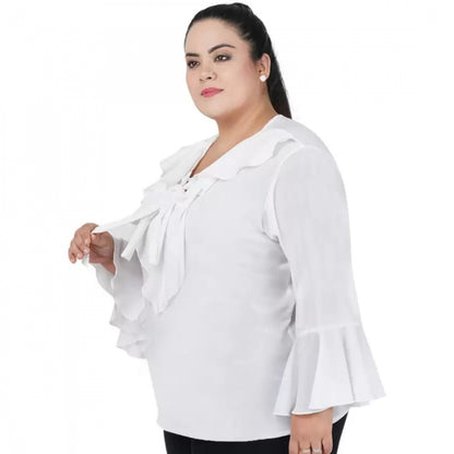 Women's Casual Bell Sleeve Solid White Top (Color:White, Material:Georgette)