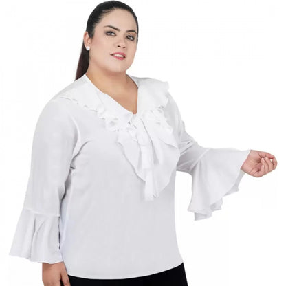 Women's Casual Bell Sleeve Solid White Top (Color:White, Material:Georgette)