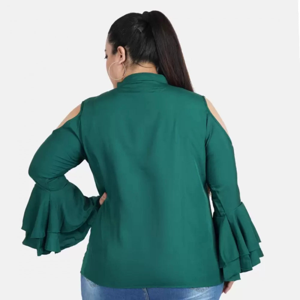 Women's Casual Bell Sleeve Solid Green Top (Color:Green, Material:Crepe)