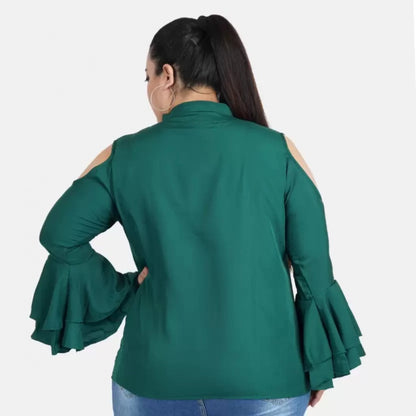 Women's Casual Bell Sleeve Solid Green Top (Color:Green, Material:Crepe)