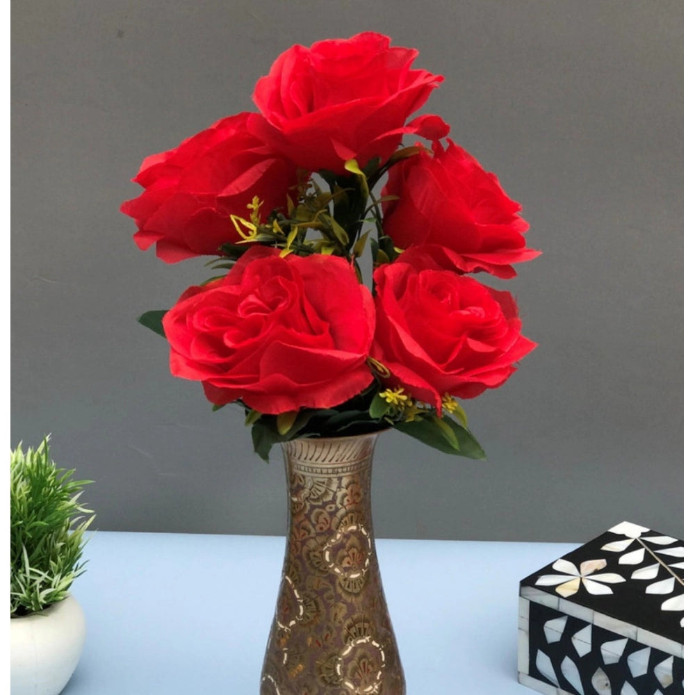 Artificial Flowers Bunch Bouquet Of 5 Roses For Home Decoration (Red, Material:Silk, Polyester)